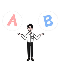 白シャツをきた若いイケメンアジア人男性が腕を広げAとBを比べている白背景に線画のシンプルなイラスト