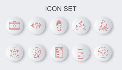 Set line Inflammation on face, Hand with psoriasis or eczema, Medicine bottle pills, First aid kit, Reddish eye allergic conjunctivitis, Handkerchief to his runny nose and Clinical record icon. Vector