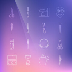 Set line Curling iron, Scissors, Makeup brush, Cream cosmetic tube, Nail file, Syringe, and Eyebrow tweezers icon. Vector