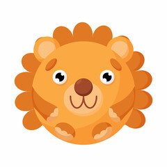 Cute cartoon round animal lion face, vector zoo sticker isolated on white background.