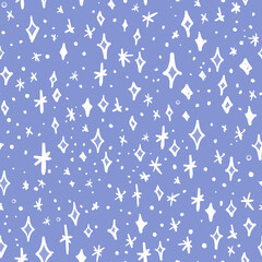 All over vector seamless repeat pattern with ditsy twinkling shining white stars on very peri purple background