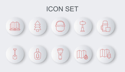 Set line Location of the forest, Shovel, Camping pot, map, laptop, Tree, Canteen water bottle and Flashlight icon. Vector