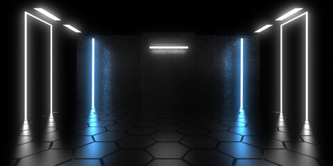 3D abstract background with neon lights. neon tunnel  .space construction . .3d illustration
