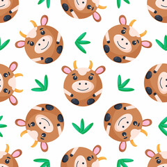 Round cow seamless pattern. Vector Background with the faces of cow. Template for the packaging, baby textile.