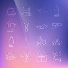 Set line Bear skin, Cartridges, Pistol or gun, Whistle, Flashlight, Dog, Tourist tent and Hunting horn icon. Vector