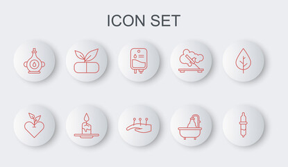 Set line Pipette, Heart, IV bag, Bathtub, Oil bottle, Medical pill with plant, Aroma candle and Acupuncture therapy icon. Vector