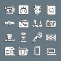 Set line Laptop, Electrical outlet, Photo camera, Traffic light, Radio, Wrist watch, kettle and Router and wi-fi signal icon. Vector