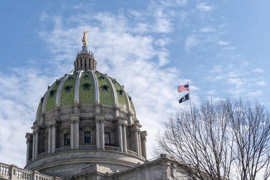 Harrisburg Capitol Building Dome with Blue Sky Background