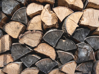 Rural abstract background with stack of firewood. Chopped wood stacked in pile.