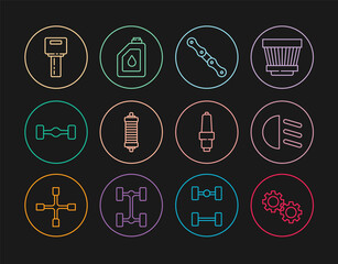 Set line Gear, High beam, Car chain, Shock absorber, Chassis car, key with remote, spark plug and Canister for motor oil icon. Vector