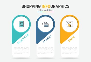 Concept of shopping process with 3 successive steps. Three colorful graphic elements. Timeline design for brochure, presentation, web site. Infographic design layout.
