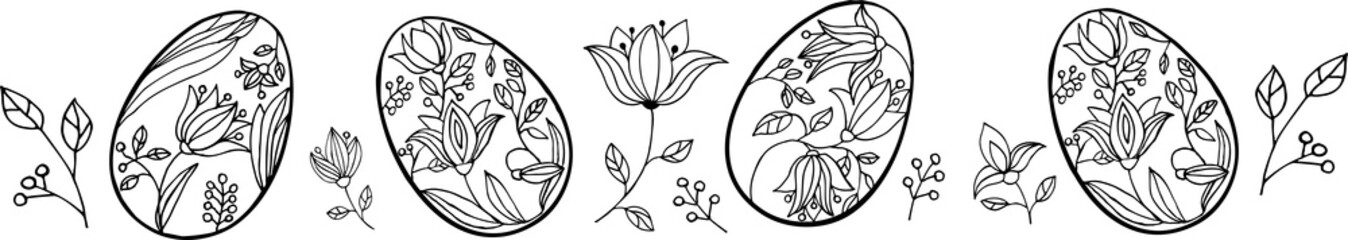 Easter egg hand made border. Doddle style. Black white drawing for adult and kid coloring book