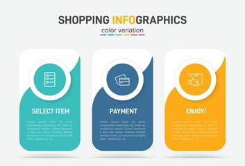 Concept of shopping process with 3 successive steps. Three colorful graphic elements. Timeline design for brochure, presentation, web site. Infographic design layout.