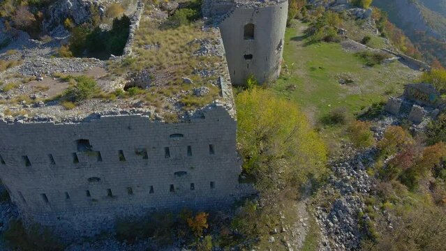 Aerial shot of the Fortress Kosmach in Montenegro. An old fortress built by the Austrians as a defensive structure and a vantage point
