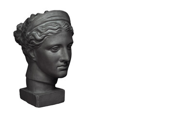 Marble head of young woman painted in black, ancient Greek goddess bust isolated on white background