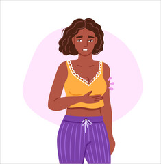 Breast tenderness. Black woman suffering from symptom of premenstrual syndrome. Sensitive swollen breast. Hand drawn cartoon character. Vector flat isolated illustration.