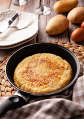 High angle view of a Spanish omelette in a frying pan
