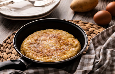 High angle view of a Spanish omelette in a pan