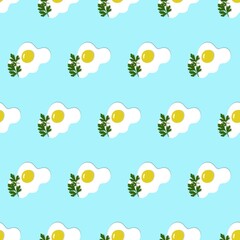 Scrambled eggs. Seamless print of broken eggs and sprigs of parsley. For clothing design, packaging.