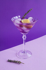 Lavender lemonade with ice and  lemon in the martini glass on the purple background. Location vertical.