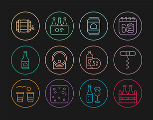 Set line Pack of beer bottles, Wine corkscrew, Beer can, Wooden barrel on rack, and icon. Vector