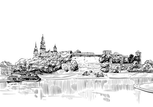 Poland. Warsaw. Old building facade hand drawn sketch. Unusual perspective. City vector illustration