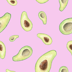 Avocado seamless pattern. Avocado tropical fresh fruit hand draw watercolor illustration. For design, print, textile and more.