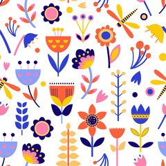 Beautiful seamless pattern for decorative design. Vector abstract paper cut flowers illustration. Nature trendy design. Colorful paper texture background. - 485874969