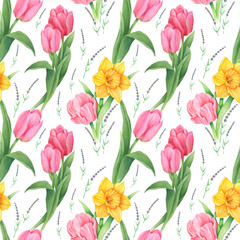 Fototapeta na wymiar Seamless pattern with flowers. Narcissus, tulip, lavender. Hand drawn watercolor illustration. Image for textiles, fabrics, wrapping paper, invitations, postcards, business cards.