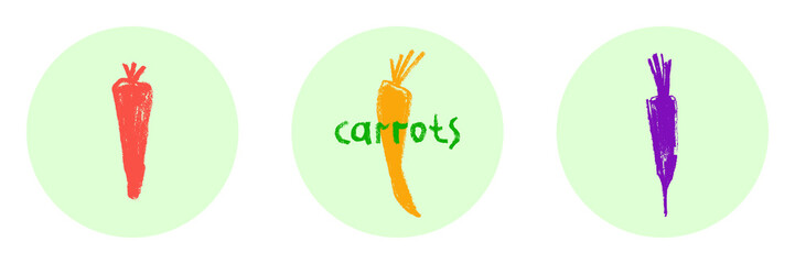 Vector carrot icon isolated. Textured hand-drawn carrots illustration. Vegetarian restaurant symbol. Home cooking sign. Vegetable drawings for organic food label, juice packaging, vegan cosmetics.