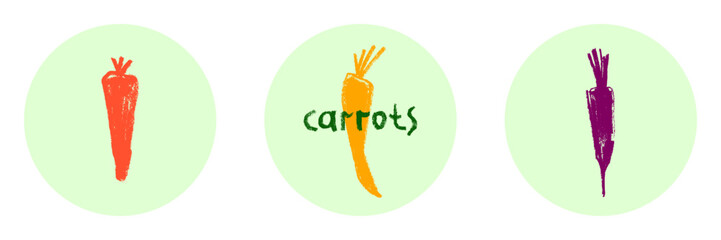 Vector carrot icon isolated. Textured hand-drawn carrots illustration. Vegetarian restaurant symbol. Home cooking sign. Vegetable drawings for organic food label, juice packaging, vegan cosmetics.