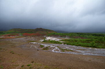 Supernatural landscape at geothermal field Mars like site Geysir Strokkur Haukadalur wasteland with...