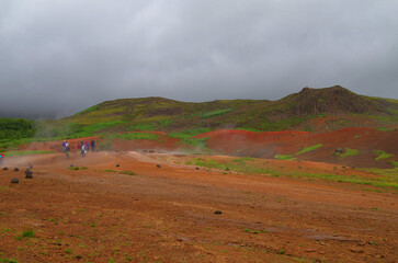 Supernatural landscape at geothermal field Mars like site Geysir Strokkur Haukadalur wasteland with...