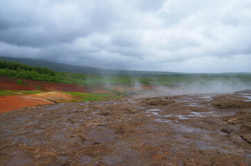 Supernatural landscape at geothermal field Mars like site Geysir Strokkur Haukadalur wasteland with...