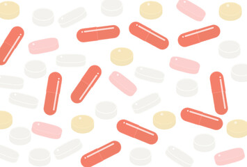 たくさんの白・黄色・ピンクの錠剤と赤いカプセル型の飲み薬 - 手書きのコロナウイルスの治療薬のイメージ素材

