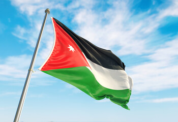 3d rendering Jordan flag waving in the wind on flagpole. Perspective wiev Jordan flag waving a blue...