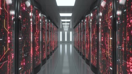 Red color symbols and connections on server racks. Working big data center visualisation - Powered by Adobe