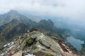 The rocky landscape of the Kozi Wierch peak. Part of the Orla Perc trail. High Tatras.