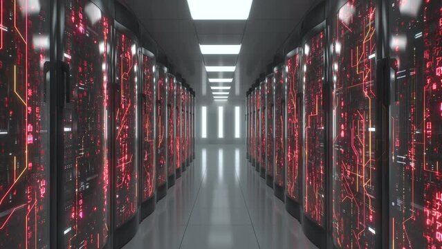 Red color symbols and connections on server racks. Working big data center visualisation