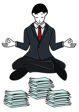 墨重なった書類を前に座禅を組んで瞑想するビジネスパーソン（マインドフルネスや思考整理のイメージに）