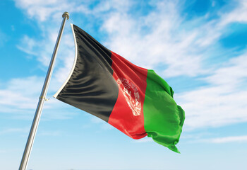 3d rendering Afghanistan flag waving in the wind on flagpole. Perspective wiev Afghanistan flag waving a blue cloudy sky