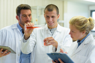 group of microbiologists studying the liquid in the glass tube