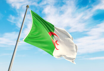 3d rendering Algeria flag waving in the wind on flagpole. Perspective wiev Algeria flag waving a white background. Flag of Algeria isolated on white background. 