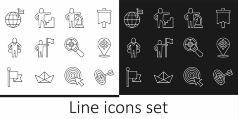 Fototapeta na wymiar Set line Target, Chess, Man holding flag, Head hunting, Planet with, magnifying glass and Stair finish icon. Vector