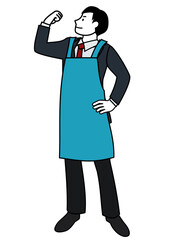 スーツの上にエプロンを着けて自信のある表情でポーズをとる男性（（家事分担やワンオペ解消、男女共同参画、家事と仕事の両立を視覚的にわかりやすくイメージするために、スーツの上にエプロンを着けています。））