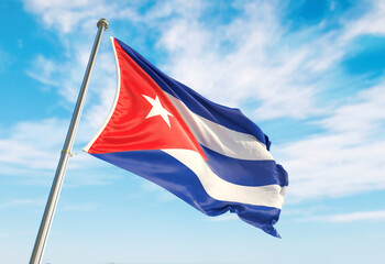 3d rendering Cuba flag waving in the wind on flagpole. Perspective wiev Cuba flag waving a blue cloudy sky