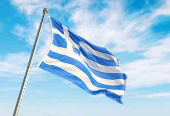 3d rendering Greece flag waving in the wind on flagpole. Perspective wiev Greece flag waving a blue...