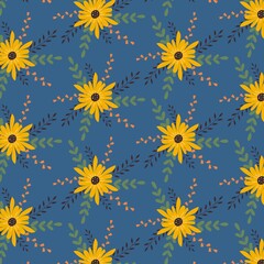 Pattern with flowers and twigs in a flat style on blue background