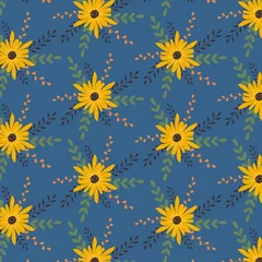 Fototapeten Pattern with flowers and twigs in a flat style on blue background © Irina Shcherbakova