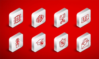 Set line Envelope with dollar symbol, Money exchange, Scissors cutting credit card, Laptop, Loan percent, Smartphone, Graduation cap and coin and Dollar plant icon. Vector